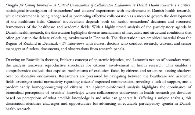 I'm defending my PhD dissertation! 'Struggles for Getting Involved – A Critical Examination of Collaborative Endeavours in Danish Health Research'

Participation online or physically:
events.ruc.dk/19-3-24phdfors…

#Soctwitter #medsoc #healthserviceresearch #inclusiveinvolvement