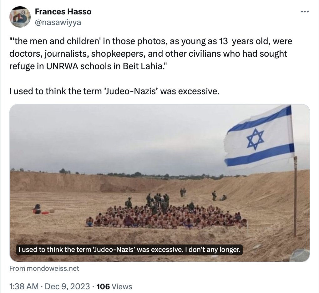 Move over Eddie Murphy, we've uncovered a new nutty professor. 

Meet Frances Hasso, a Gender, Sexuality &amp; Feminist Studies Professor at Duke.

Hasso characterizes the 10/7 massacre as "resistance" and refers to Israel as "Judeo-Nazis" for capturing Hamas militants. 

Imagine