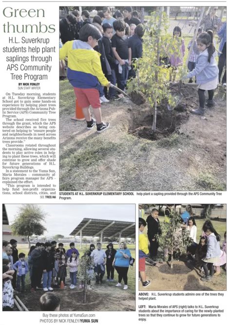 CraneSchools's tweet photo. L🤓🤓K! Our @HLSBulldogs made the front page of the Yuma Sun 🗞️. Pick up a copy today to read all about the tree 🌳planting event they participated in with the help of a grant from @apsfyi! #WhyCrane #WeAreCrane https://t.co/QXkazit0sM