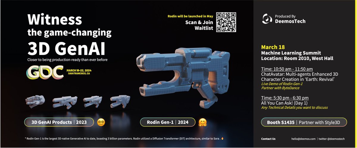 DeemosTech's tweet image. Looking forward to meeting new friends at @Official_GDC #GDC 2024🏃
Witness the game-changing #3D GenAI closer to being production ready than ever before🤩

Hands-on experience with #Rodin Gen-1🔥

Check out our events⬇️
