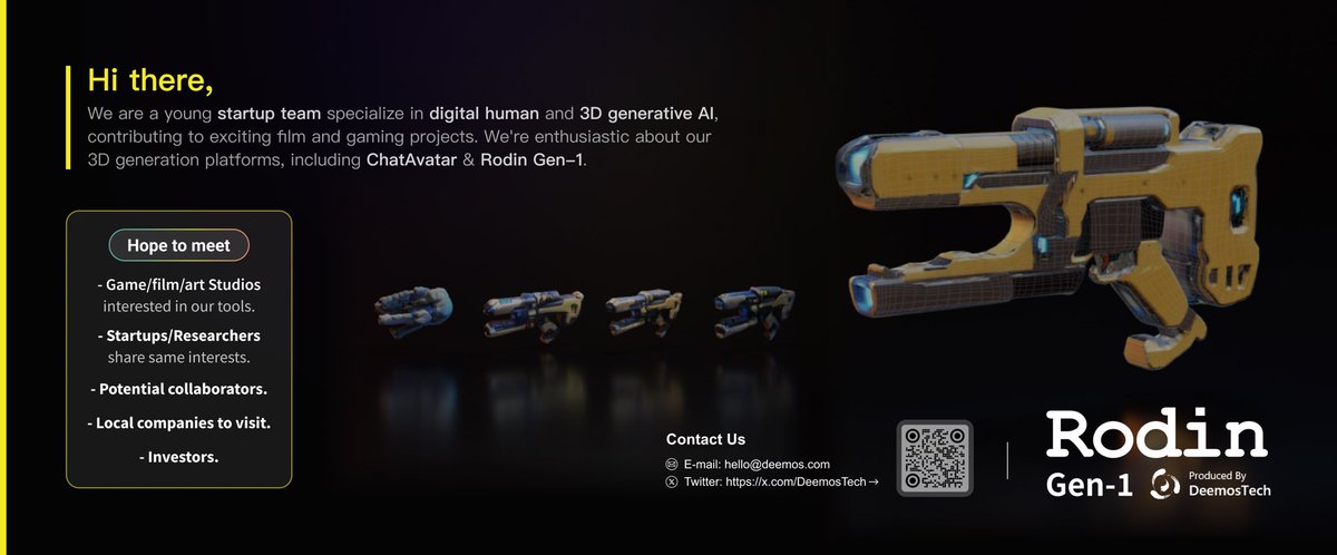 DeemosTech's tweet image. Looking forward to meeting new friends at @Official_GDC #GDC 2024🏃
Witness the game-changing #3D GenAI closer to being production ready than ever before🤩

Hands-on experience with #Rodin Gen-1🔥

Check out our events⬇️