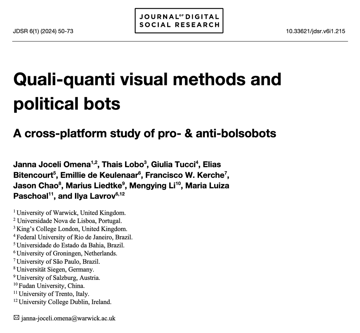 📢✨New paper > Quali-Quanti Visual Methods and Political Bots, co-authored with <a href="/thais_lobo/">Thais Lobo</a> <a href="/gtucci/">Giulia Tucci</a> <a href="/eliasbitencourt/">Elias Bitencourt</a> <a href="/edekeulenaar/">Emillie de Keulenaar</a> <a href="/FranciscoKerche/">Chico Kerche</a> <a href="/jasontchao/">Jason Chao</a> <a href="/marius_liedtke/">Marius Liedtke @mliedtke.bsky.social</a> Mengying Li, Maria Luiza Paschoal &amp; Ilya Lavrov jdsr.se/ojs/index.php/… #digitalmethods #botstudies