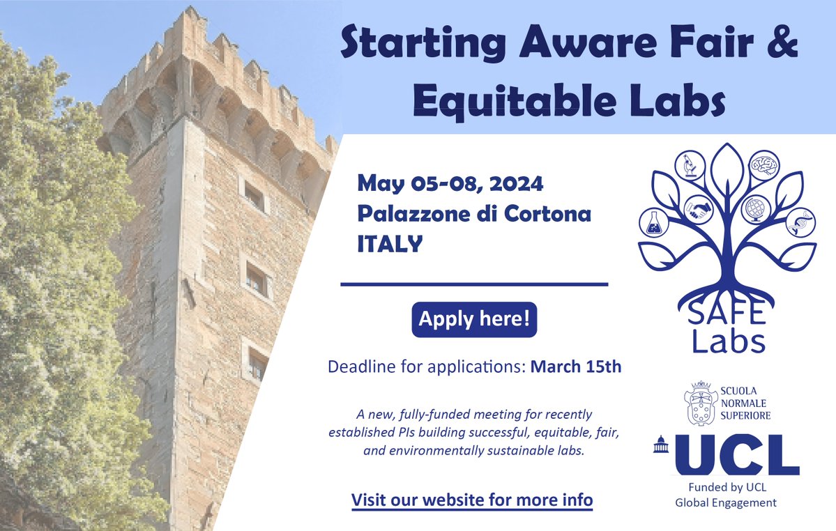 9 days left to apply! New group leader trying to build an equitable, fair, and sustainable lab in Europe? Then join us at SAFE Labs in Tuscany (May 5th-8th). A fully-funded opportunity to discuss and foster change in research culture. Details: shorturl.at/uG046