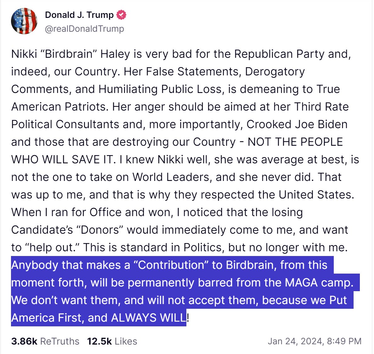 🚨TRUMP REJECTS HALEY SUPPORTERS: On the day Nikki Haley is expected to announce the suspension of her campaign, effectively handing Trump the nomination, it's a good time to remind folks that Trump 'permanently barred' Haley's supporters. 'We don’t want them,' he wrote. In…