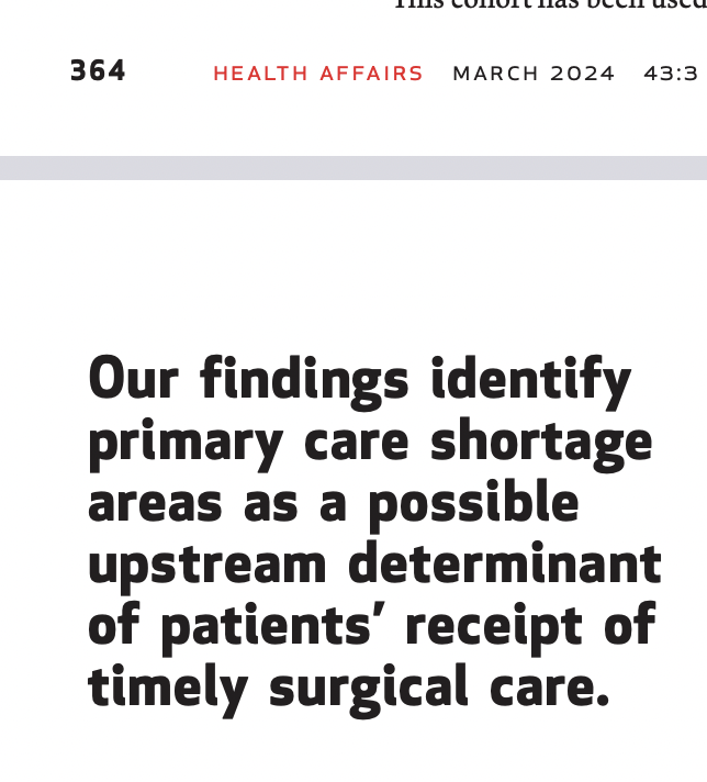 AndrewMIbrahim's tweet photo. Many conditions treated by surgeons first require primary care screening and referral.

Dr. Sara Schaefer this week in @Health_Affairs connects  primary care shortages to higher rates of emergency surgery for conditions that should be treated electively  
https://t.co/w0Wp8uQmP8 https://t.co/1pJZuLyTeT