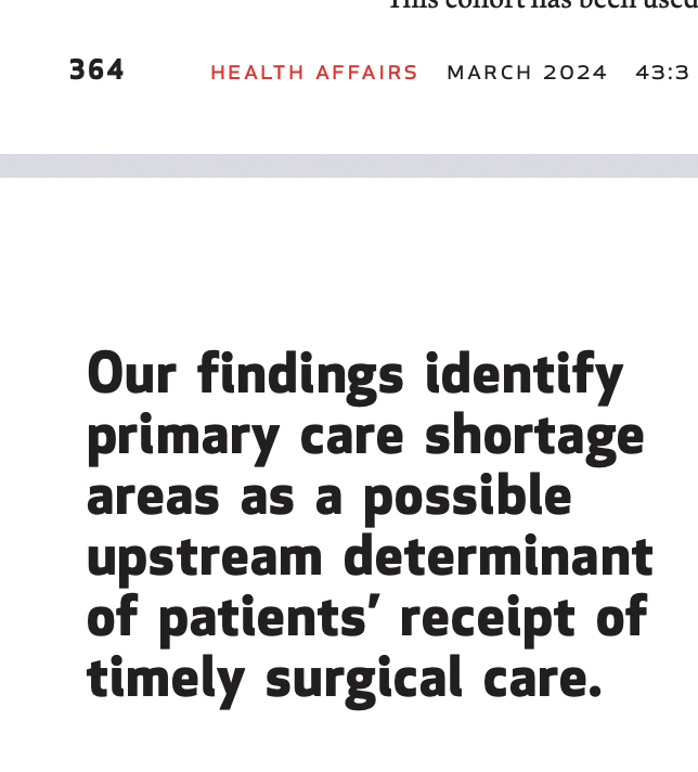 Many conditions treated by surgeons first require primary care screening and referral. Dr. Sara Schaefer this week in @Health_Affairs connects primary care shortages to higher rates of emergency surgery for conditions that should be treated electively healthaffairs.org/doi/full/10.13…