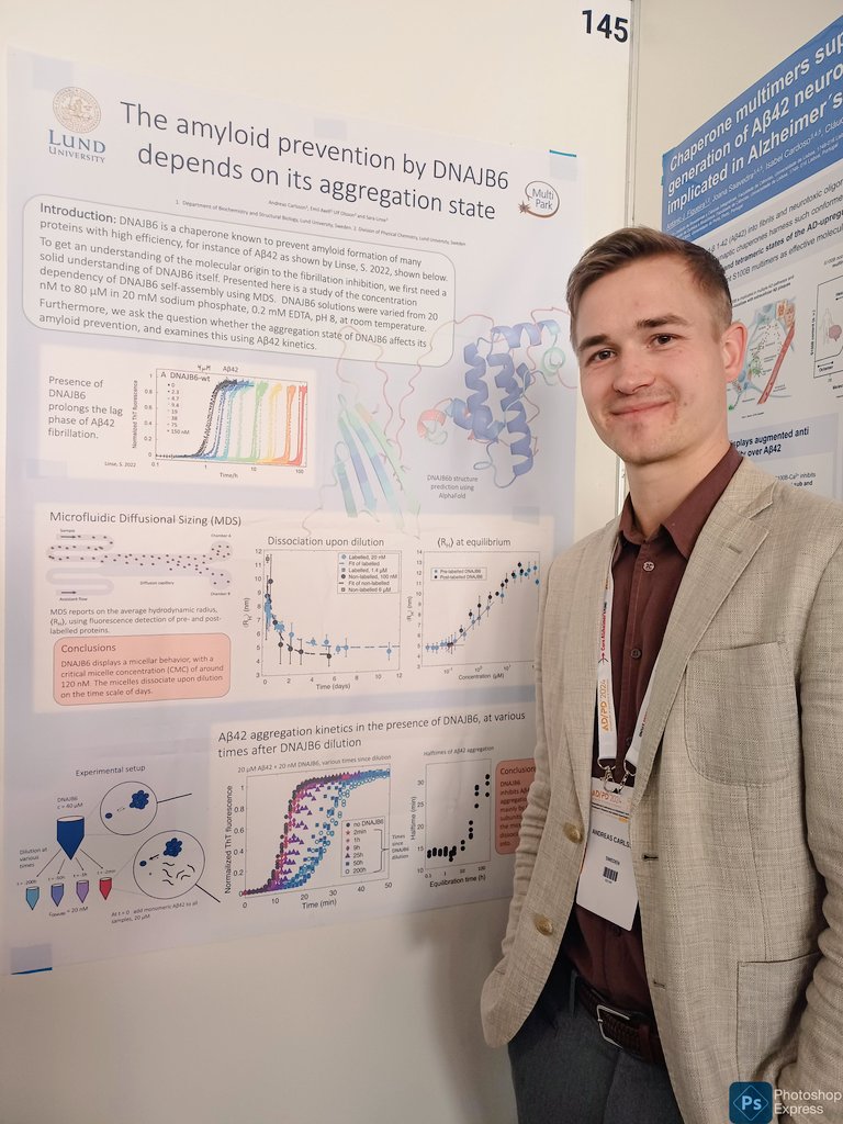 MultiparkL's tweet image. The chaperone DNAJB6 is known for is property to prevent aggregation of proteins like amyloid-beta. But how does it work? 🤔 found out by talking to Andreas Carlsson in @SaraLinse group (poster #145) at #adpd2024. 

#aggregation #dnaj6 #amyloid #Alzheimer