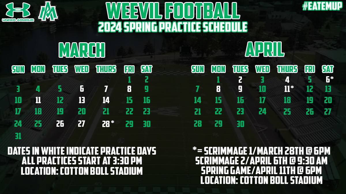 FIRST DAY OF SPRING PRACTICE! Weevil Football takes the field today for the first time this spring. Complete details of the practice schedule including scrimmages and the Spring Game can be seen below. #EatEmUp #CountOnMe