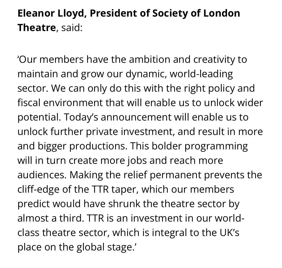 Fantastic news that the Government has made this announcement today. Really appreciate the work with @DCMS and @hmtreasury . Thank you to all the @SOLTnews and @uk_theatre members and the staff team for lobbying. 🎉🫠