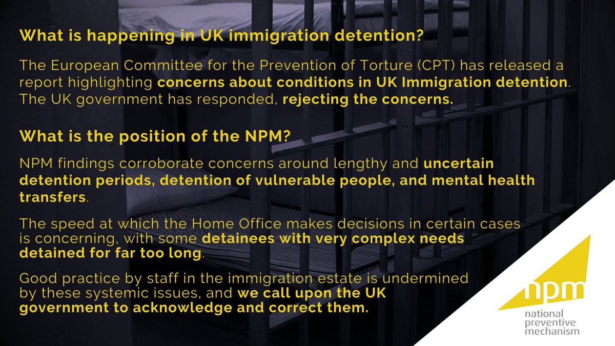 Since designation 15 years ago the NPM enjoys a constructive relationship with @CoE_CPT We are concerned to see the UK Government contest much of the content of the CPT's report on conditions of detention under immigration legislation #UKNPM15 Read more nationalpreventivemechanism.org.uk/document/uk-np…