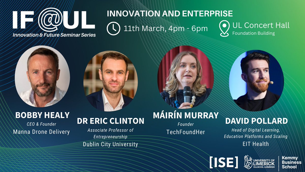Thank you to @RoLyonz and Sean O'Brien for inviting me to speak on healthcare innovation at IF @UL Innovation & Future Seminar Series at the Concert Hall!

I'll be joined by a formidable group
@realBobbyHealy @MannaAero 
@ericclinton64 @DublinCityUni 
@mairinmurray @TechFoundHer