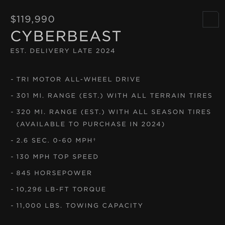 📐Tesla has shifted the Cybertruck delivery timelines slightly for new Foundation Series orders.

Orders submitted today for AWD will be delivered by the end of June (&lt;116 days).

Orders submitted today for Cyberbeast will be delivered at the end of this year. 

You can still