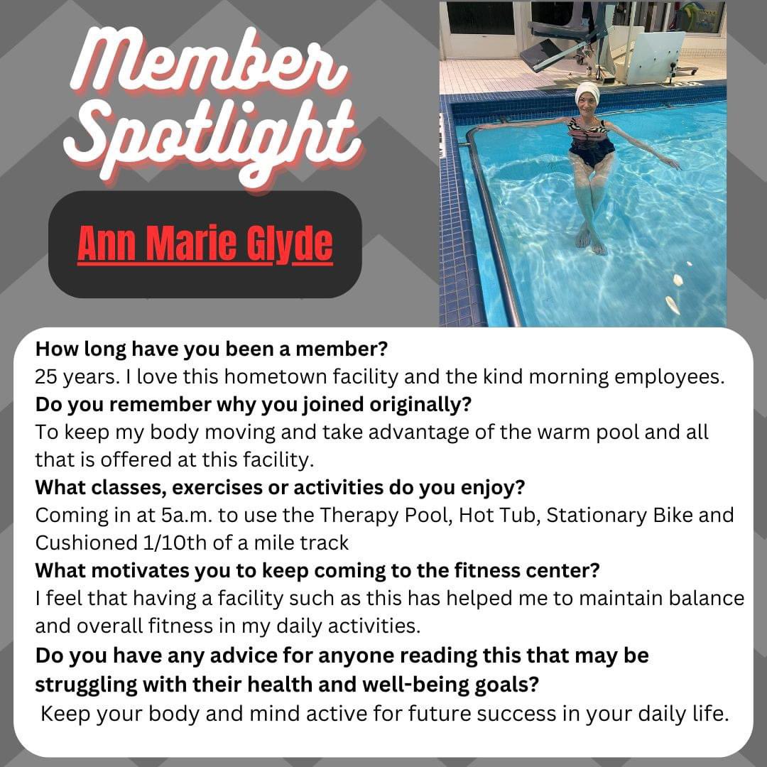 Our next spotlight member is the lovely Ann Marie Glyde.  She's been a loyal 25 year member and she still comes in bright and early when we open at 5a.m.!  Her key to success:  consistency and finding activities that she enjoys.  #25yearanniversary❤️ #MedicalFitness