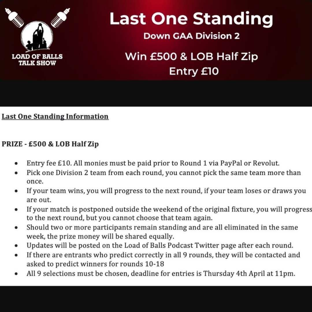 ***COMPETITION TIME***

🙌LOB LAST ONE STANDING Div 2🙌

🔴⚫️Pick one team per round using the link below

bit.ly/LOBLastOneStan…

🏆FOR THE CHANCE TO WIN

💰£500 AND LOB 1/2 ZIP

🎉Only £10 to ENTER