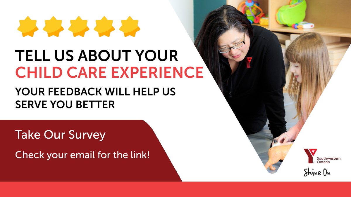 To better understand if our YMCA is meeting your needs and expectations, we are conducting a YMCA Child Care Experience Survey. Check your inbox to complete the survey! If you didn’t receive a link, please email childcare@swo.ymca.ca. #YMCAChildcare #YMCASWO #survey