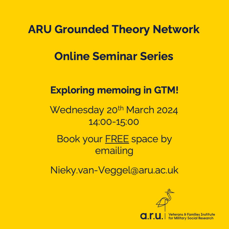 Bookings for the ARU GT Network Online Seminar on Memoing are open now! Send us an email to book your place! @happeehil @katmcd333 @GrdtheoryScot @GroundedTheory @IGTA_Grounded @melbirks @Dr_OliverT_PhD @WallisRedworth @Pippahales @GTresearcher please spread the word!