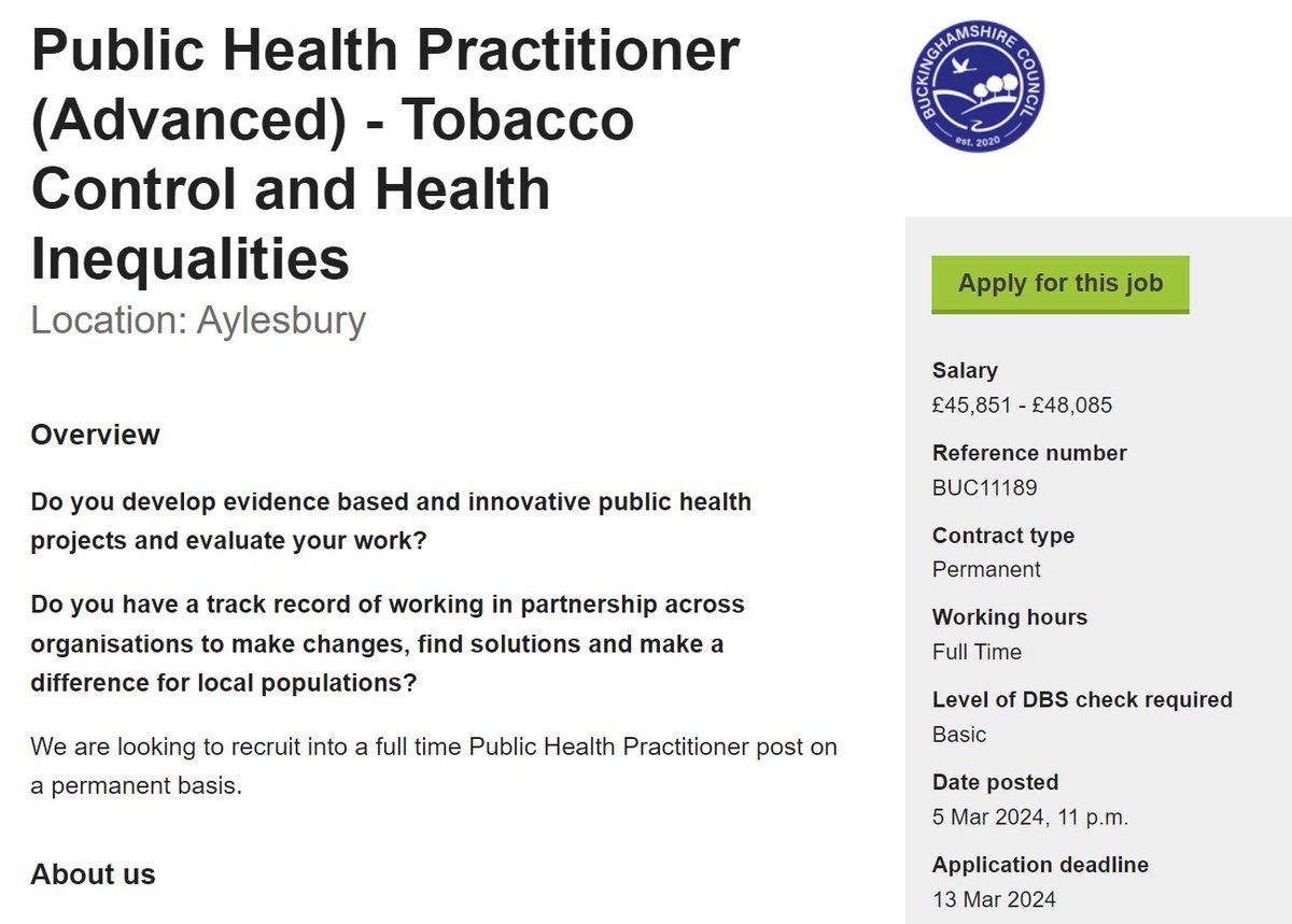 We are recruiting for a PH Practitioner. Please do get in touch if you are interested. jobs.buckinghamshire.gov.uk/job_detail/303… Closing date 13 March. @pubhealthjobsuk @PHJobsUK @BucksCouncil