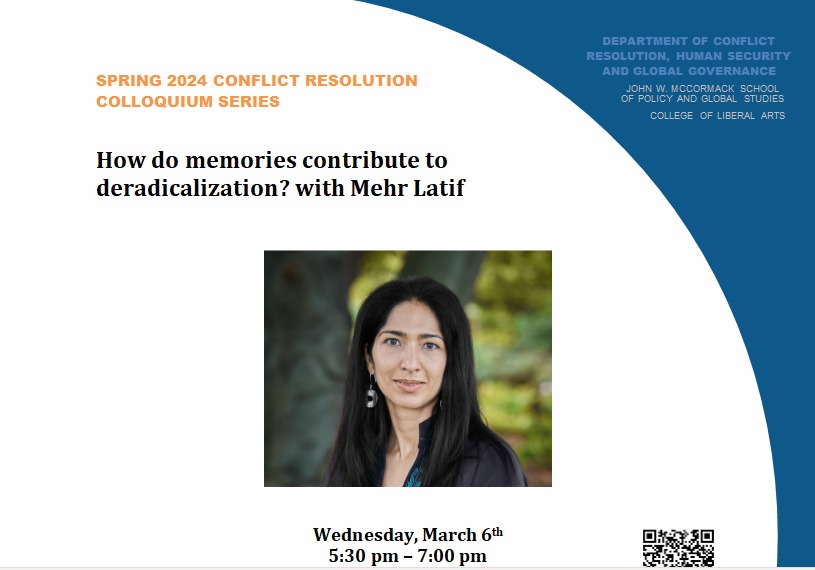 Will you join us today at 5:30 as <a href="/McCormackGrad/">McCormack Graduate School</a>  Prof. Mehr Latif talks about her research on the pathways involved in deradicalization or the change in beliefs? <a href="/jpugh00/">Jeff Pugh</a> <a href="/DarrenKew/">Darren Kew</a> @GoalPeace <a href="/StacyDVanDeveer/">Stacy D VanDeveer</a> #RT Link for location &amp; registration. umassboston.zoom.us/meeting/regist…