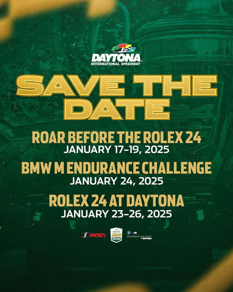 Save the date because the #Rolex24 at @DAYTONA is back! @IMSA | LEARN MORE 🎟️: daytonainternationalspeedway.com/events/rolex24…