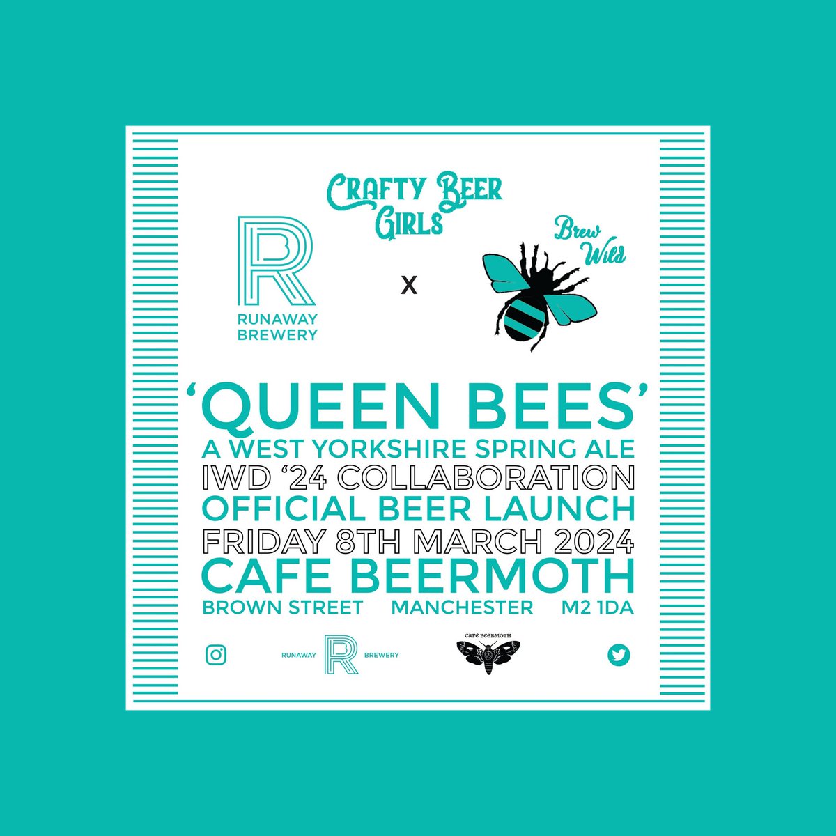 Excited to be launching @RunawayBrewery x @craftybeergirls x #BrewWild's International Women's Day '24 collaboration 'Queen Bees' on Friday! 🐝🍯 A West Yorkshire Spring Ale with wheat and a touch of rhubarb and honey. Pouring from midday!