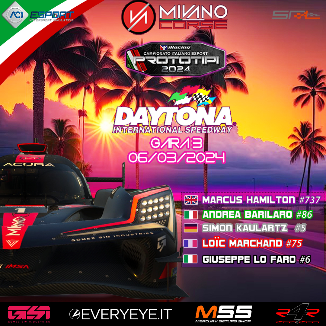 Mivano (@mivanoracing) on Twitter photo Round 3 DAYTONA! 🔥
🏁 Ready to Race 💪
<a href="/Everyeye/">Everyeye.it</a> <a href="/gomezsimracing/">GSI</a> <a href="/R4Ronlus/">RIDERS4RIDERS</a>
<a href="/Mercury_Setups/">Mercury Setups Shop</a> discord.gg/AG5X2SdKmd
<a href="/SimRacingLG/">SimRacingLeague.it</a>
#ACIEsportPrototipi2024 #iRacing Round 3 DAYTONA! 🔥
🏁 Ready to Race 💪
<a href="/Everyeye/">Everyeye.it</a> <a href="/gomezsimracing/">GSI</a> <a href="/R4Ronlus/">RIDERS4RIDERS</a>
<a href="/Mercury_Setups/">Mercury Setups Shop</a> discord.gg/AG5X2SdKmd
<a href="/SimRacingLG/">SimRacingLeague.it</a>
#ACIEsportPrototipi2024 #iRacing