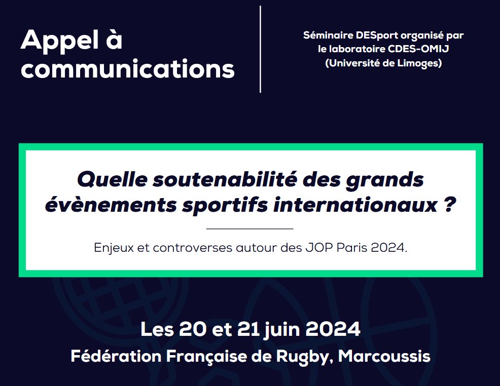 @UnilimOMIJ & @CDESLimoges (@unilim) organise un séminaire #DEsport portant sur la soutenabilité des grands évènements sportifs internationaux les 20 et 21 juin 2024 à Marcoussis. N'hésitez pas à partager ! Contact en MP ou @ber_florent pour + d'infos. 1/4