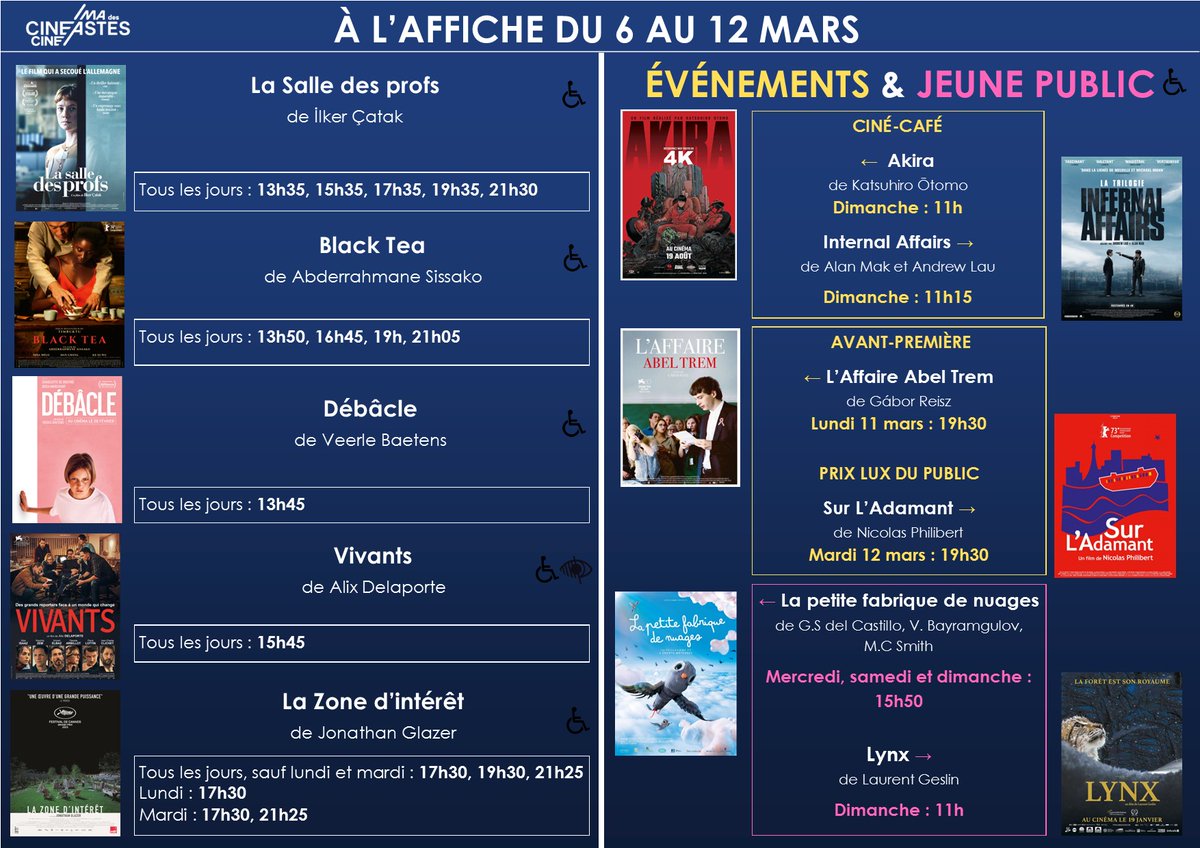 [Programme de la semaine]

🎬 À l'affiche du mercredi 6 février au mardi 12 mars :

🎟️ cinema-des-cineastes.fr 

#Lasalledesprofs #Blacktea #Debacle #Vivants #LaZonedInteret #Lapetitefabriquedenuages #Lynx #Akira #InternalAffairs #Surladamant #Laffaireabeltrem