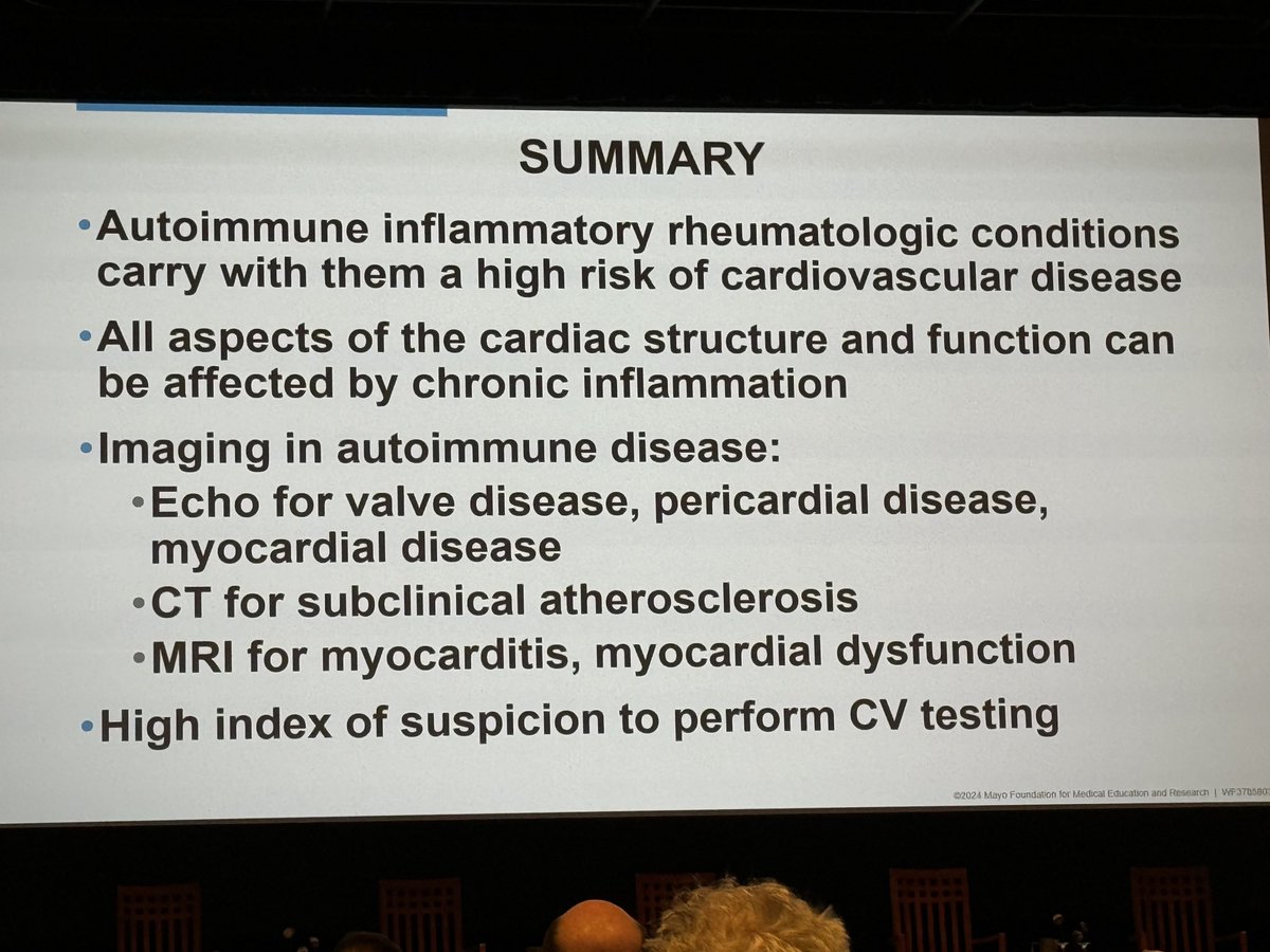 Take-home points from ⁦@RMankadMD⁩ on cardiac manifestations of connective tissue disease. Great overview and reminder that these patients are at high risk of #CVD ⁦@KyleWKlarich⁩ ⁦@MarthaGrogan1⁩ ⁦@MayoClinicCV⁩ #Cardiology in Colorado!