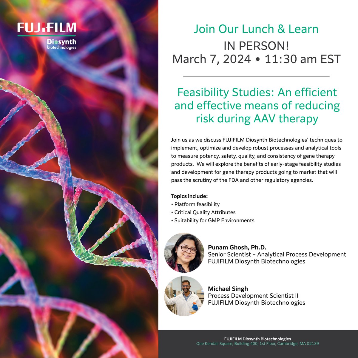 FUJIFILMBiotech's tweet photo. Join Punam Ghosh, Ph.D., and Michael Singh as they unravel the complexities of gene therapy process development and unveil the secrets behind cutting costs through feasibility studies. https://t.co/ZY3GWFW59h https://t.co/3TgL3zgFVO