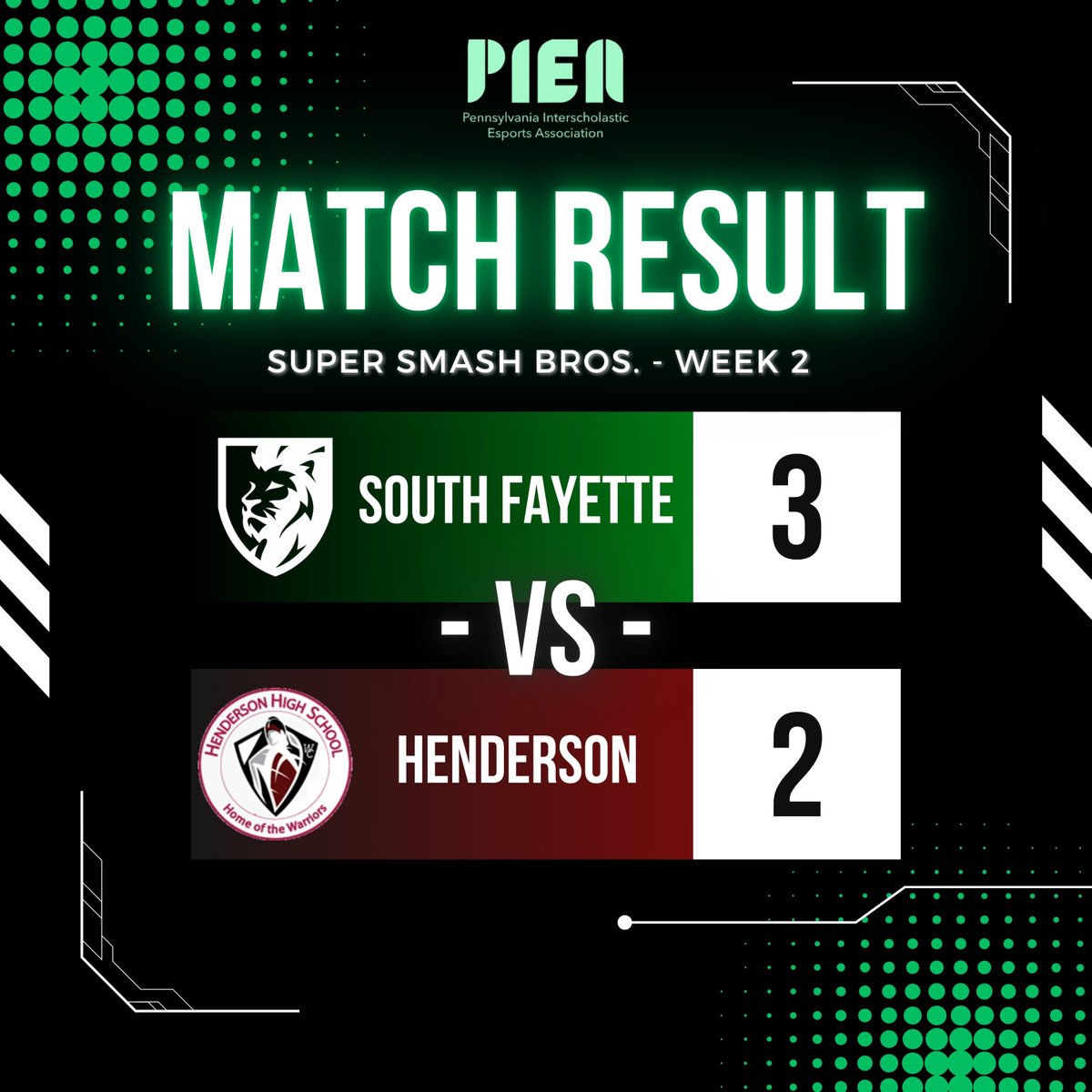 South Fayette Esports SSB Team won a hard-fought Week 2 match against Henderson High School yesterday! 🎮🦁 GO LIONS! #SFLionPride #SFHSLionPride #Esports #Victory @PIEA_esports