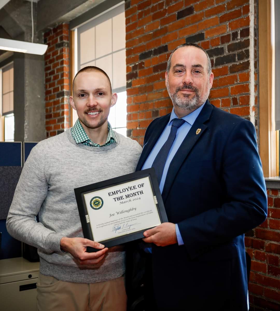 IowaDPS's tweet photo. Congrats to Crim. Intel. Analyst Joe Willoughby, our March Employee of the Month!
 
Joe is assigned to our Governor’s School Safety Bureau. He has worked tirelessly to build relationships &amp; implement the Safe+Sound reporting system - all to make IA's schools safer.

#IowaDPS https://t.co/DxZcEkjtRE