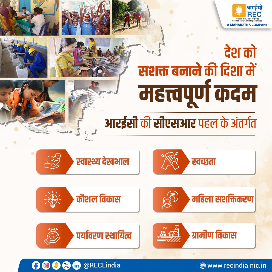 RECLindia's tweet photo. #आरईसी_लिमिटेड की #सीएसआर इकाई #आरईसी_फाउंडेशन के द्वारा विभिन्न क्षेत्रों में कई गतिविधियां क्रियान्वित की जा रही हैं। राष्ट्र के समग्र विकास में योगदान देने के साथ ही आरईसी सामाजिक प्रगति को बढ़ावा देने में सक्रिय रूप से शामिल है।
#RECFoundation #CSR #SocialProgress #RECLimited #NationBuilding #SustainableDevelopment #REC_CSR #Empowerment #Education #Healthcare #Environment #RuralDevelopment
@MinOfPower @OfficeOfRKSingh @narayanantbjp @manoj445001 @Dnandinit @OfficialRECF @mnreindia @MoHFW_INDIA @EduMinOfIndia