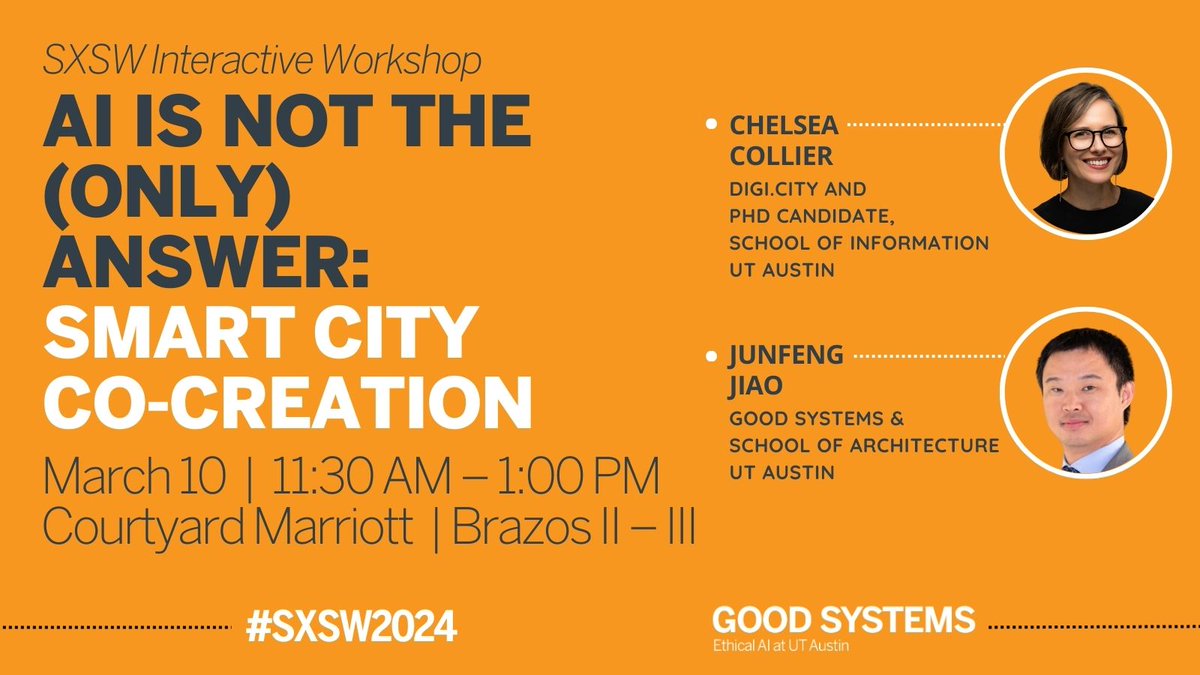 Learn what it takes to build the city of the future! In this #SXSWInteractive workshop led by Good Systems experts, you will experience the next level of public engagement through urban co-modeling. RSVP: bit.ly/48FpUPQ #UTatSXSW #TexasAI #SXSWInteractive #smartcities