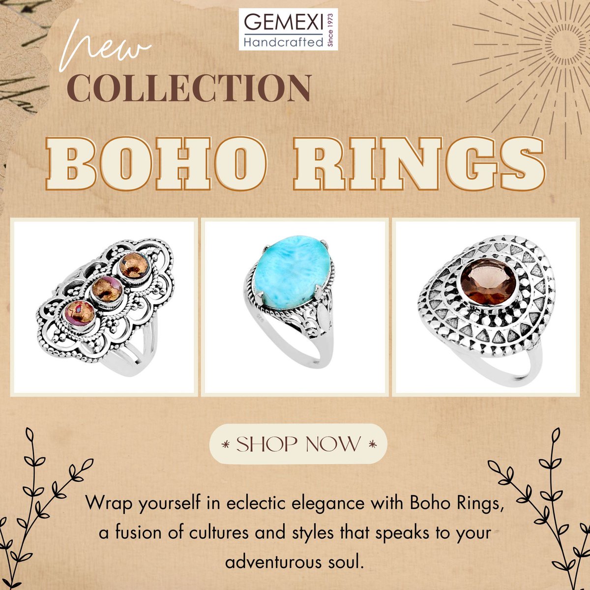 'Embrace your free spirit with our Boho Rings collection at Gemexi! 🌿💍 Shop now and express your individuality with every ring!✨ #Gemexi #BohoRings #FreeSpiritStyle #FashionFinds #JewelryDeals #EclecticCharm #FashionistaFaves #JewelryShopping #StylishAccessories #RingObsession