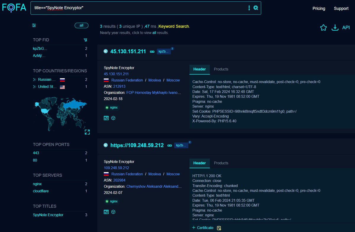 Cyberteam008's tweet image. #Fofabot Query for #SpyNote #Malware

Query: title==&quot;SpyNote Encryptor&quot;
 
IOCs:
https://panel.spynote[.]us
109.248.59[.]212
45.130.151[.]211