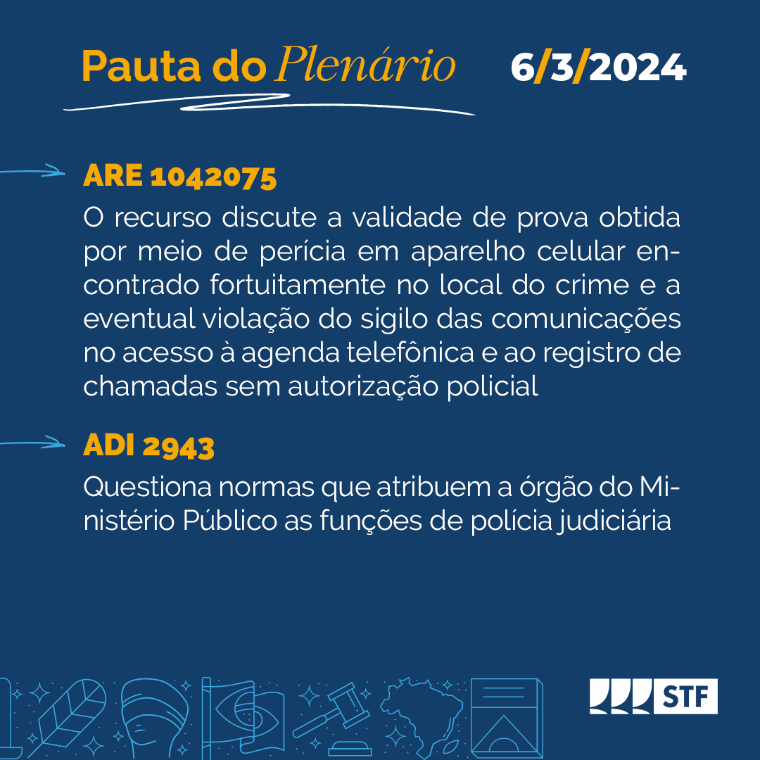 STF_oficial's tweet image. #SessãoSTF ⚖️ Confira a pauta de julgamentos do @STF_oficial para esta quarta-feira (6/3/24): bit.ly/Pauta6-3-24. A sessão tem transmissão #AoVivo, a partir das 14h, pela @RadioeTVJustica e youtube.com/STF.

#Acessibilidade: contém descrição acessível.