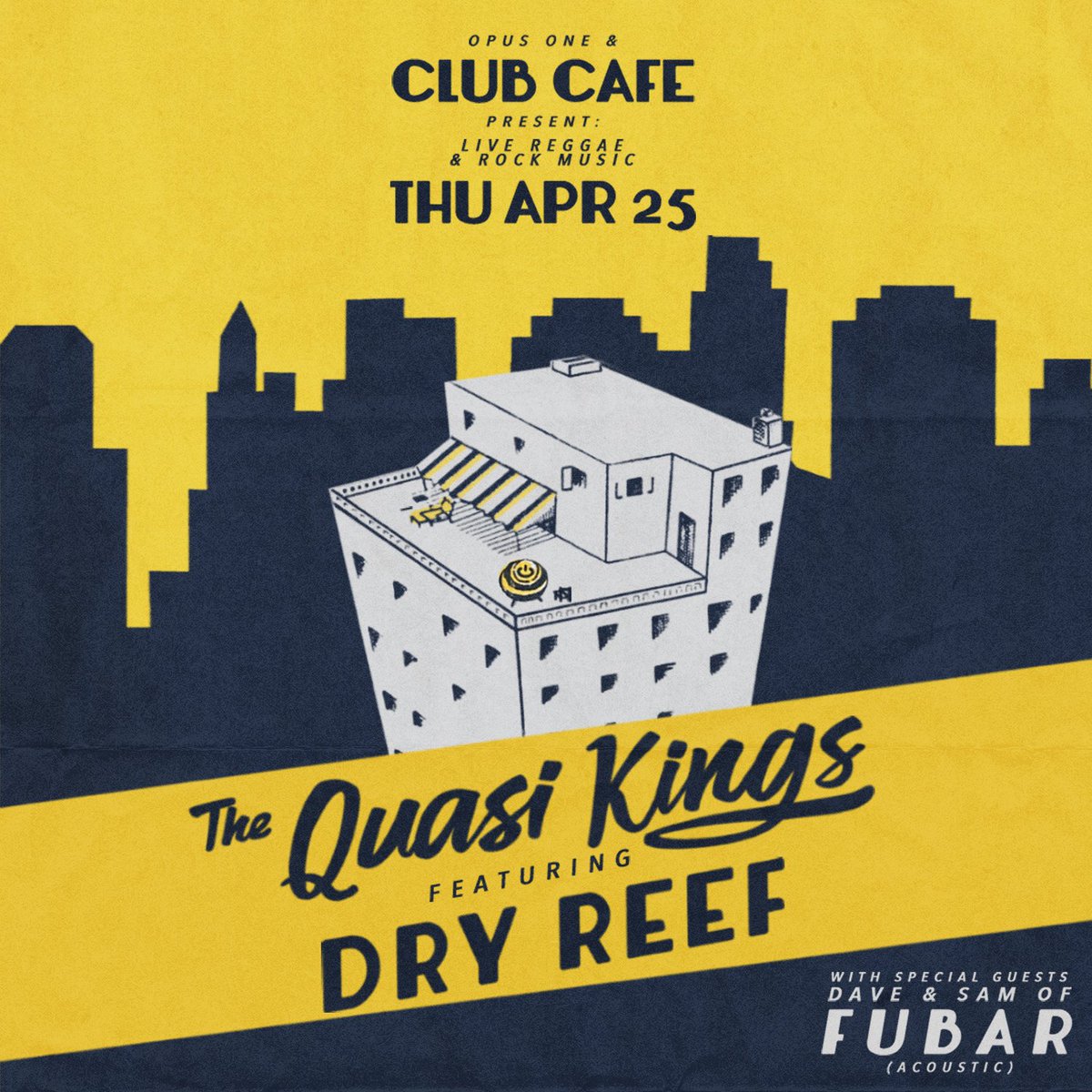 📣🗓 NEW SHOW 🗓📣

<a href="/ClubCafeLive/">Club Cafe</a> | 04/25 | <a href="/TheQuasiKings/">The Quasi Kings</a> featuring <a href="/DryReef/">Dry Reef</a> with special guest Dave and Sam of <a href="/FubarPGH/">FUBAR</a>! 

🎟 On Sale 03/06 10AM via: tinyurl.com/mr3fekk2 

#opusonepgh #pittsburgh #quasikings #dryreef #fubar #clubcafe #clubcafelive #regional #reggae #rock