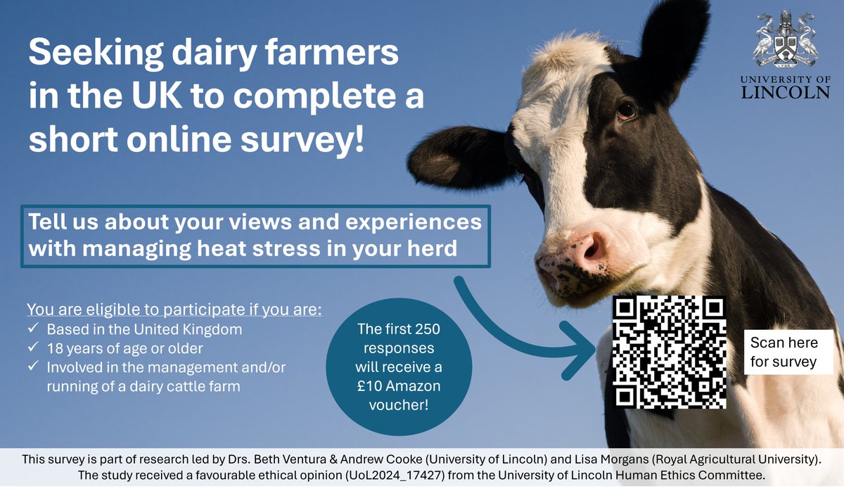 Dr Andrew Cooke (@wild_biologist) on Twitter photo Are you a dairy farmer in the UK? 
Please consider sharing your views and needs regarding managing heat stress in your herd by completing a 10-15 min research survey (link below)
Click this link or scan the QR code to take part: app.onlinesurveys.jisc.ac.uk/s/lincoln/heat…
#dairy #farmers Are you a dairy farmer in the UK? 
Please consider sharing your views and needs regarding managing heat stress in your herd by completing a 10-15 min research survey (link below)
Click this link or scan the QR code to take part: app.onlinesurveys.jisc.ac.uk/s/lincoln/heat…
#dairy #farmers