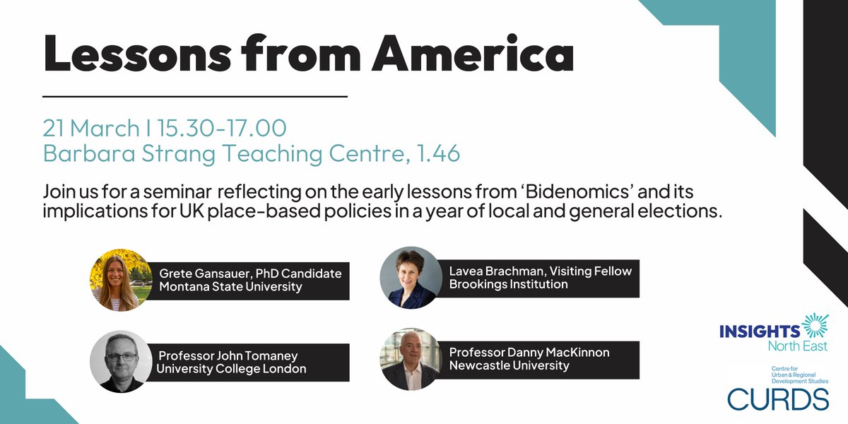 Join us and @CURDSNewcastle for a seminar reflecting on the early lessons from ‘Bidenomics’ and its implications for UK place-based policies featuring presentations from @laveabrachman & @grete_rural and reflections from @john_tomaney & Danny MacKinnon. 👉 eventbrite.co.uk/e/lessons-from…