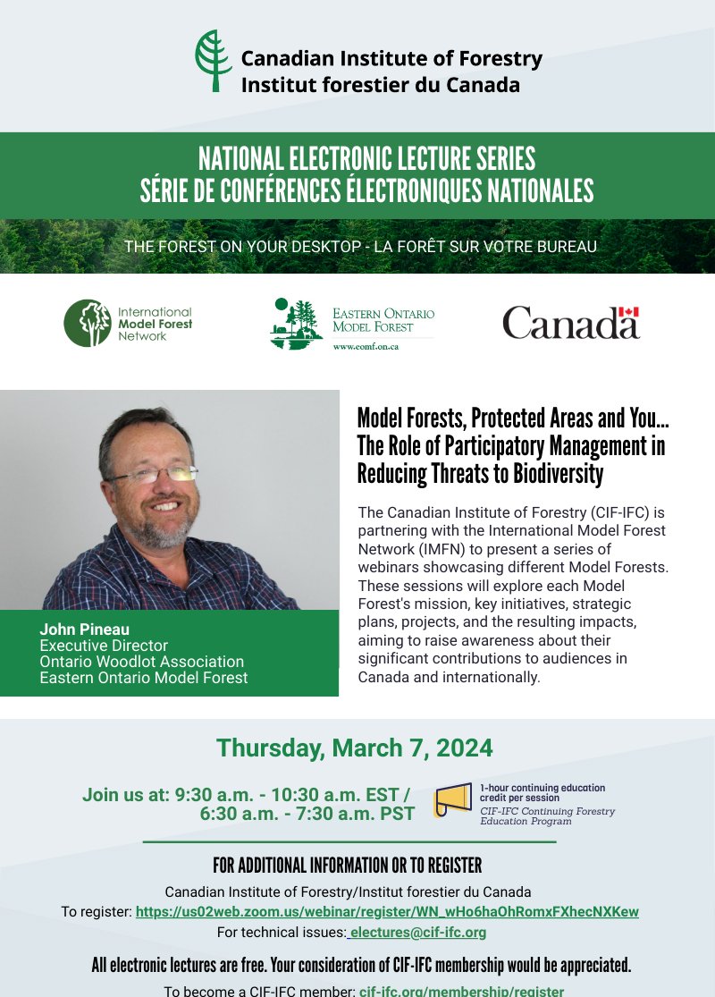 Join us tomorrow for a webinar co-hosted with @CIF_IFC and a presentation from @JohnPineau1, @ontariowoodlot / Eastern Ontario Model Forest ! 🌲🖥️🌎 Register now: bit.ly/48MXN17 #IamModelForest @FAOForestry @GPFLRtweets @CIFOR @CATIEOficial @NRCan @IUCN @IUCN_forests