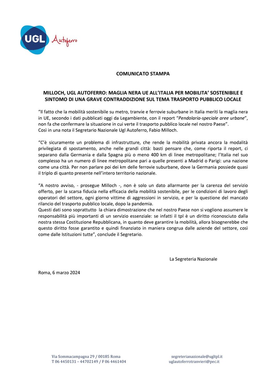 Autoferrotranvieri (@autoferro_ugl) on Twitter photo #Comunicatostampa
"Maglia nera UE all'Italia per mobilità sostenibile è sintomo di una grave contraddizione sul tema trasporto pubblico locale"
<a href="/FmMilloch/">Seg. Naz. Ugl-Fna</a> <a href="/UGLConf/">UGL Confederazione</a> <a href="/MetaSociale/">La Meta Sociale</a> <a href="/Legambiente/">Legambiente</a> #Pendolaria #Comunicatostampa
"Maglia nera UE all'Italia per mobilità sostenibile è sintomo di una grave contraddizione sul tema trasporto pubblico locale"
<a href="/FmMilloch/">Seg. Naz. Ugl-Fna</a> <a href="/UGLConf/">UGL Confederazione</a> <a href="/MetaSociale/">La Meta Sociale</a> <a href="/Legambiente/">Legambiente</a> #Pendolaria