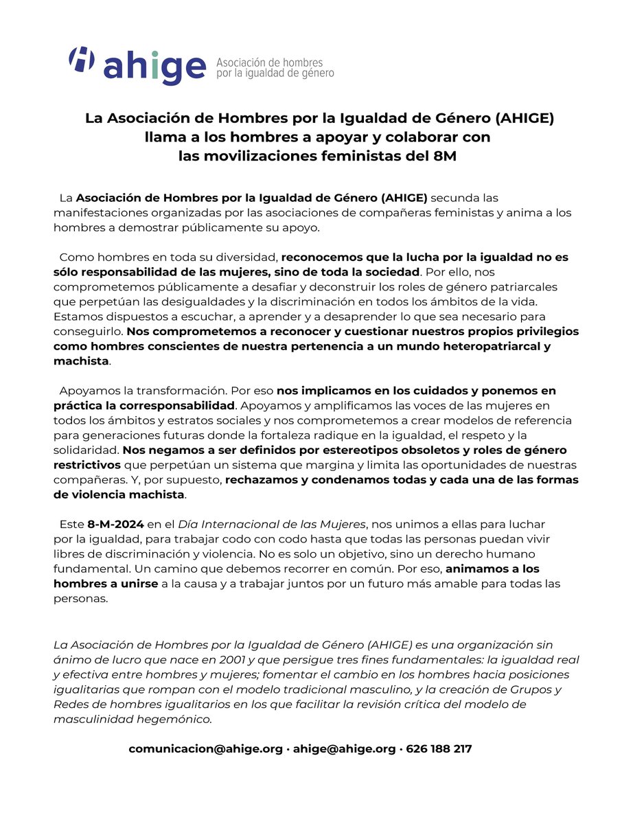 📌 La Asociación de Hombres por la Igualdad de Género (AHIGE) @Ahigeorg llama a los hombres a apoyar y colaborar con las movilizaciones feministas del #8M 💜💜