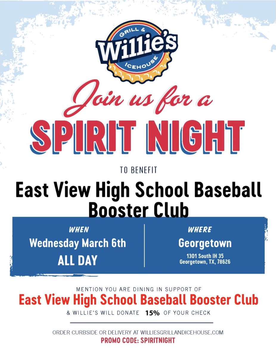 Join us for dinner tonight at Willie’s!  Mention #EVHSPatriotBaseball and they’ll donate 15% to our booster club!  

6:30pm meet n greet, quick booster meeting at 7pm.