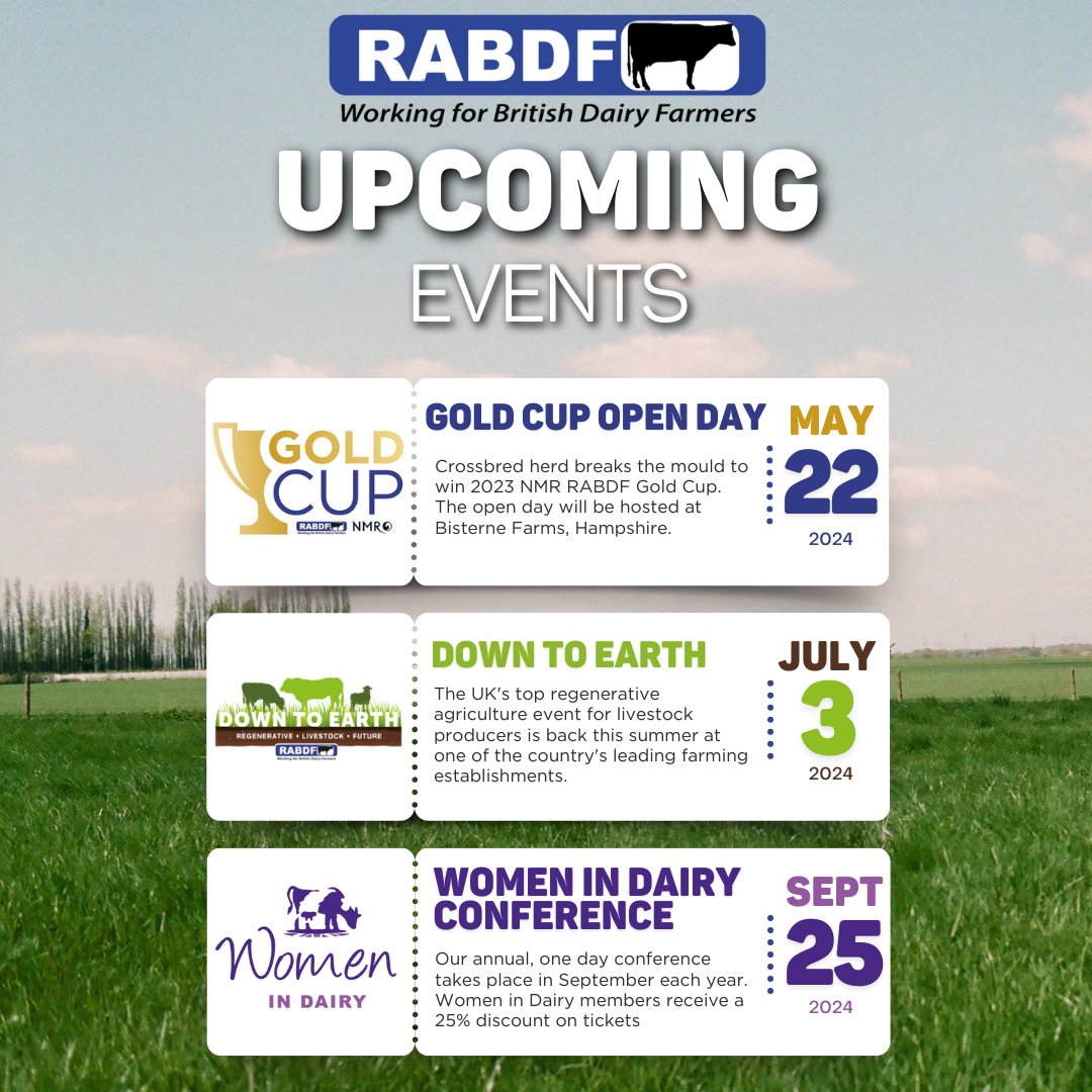 📆 Exciting times ahead! 🌟 Elevate your industry knowledge and expand your network as we gather to explore cutting-edge insights. Save the Dates with the Gold Cup Open Day, Down to Earth 2024 and Women in Dairy conference fast approaching. #RABDF #InnovationInDairy