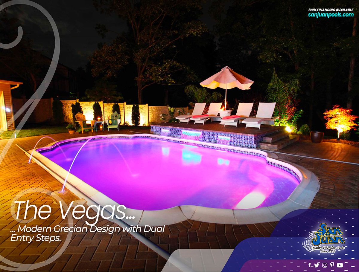 🌟 Dive into spring with The Vegas - our elegant Grecian pool design! With easy entry steps and compact size, it's perfect for any backyard. Add LED lights for a Vegas vibe! Contact us for a free estimate today! 🏊‍♂️ sanjuanpools.com/fiberglass-poo… 💫 #PoolSeason #BackyardFun
