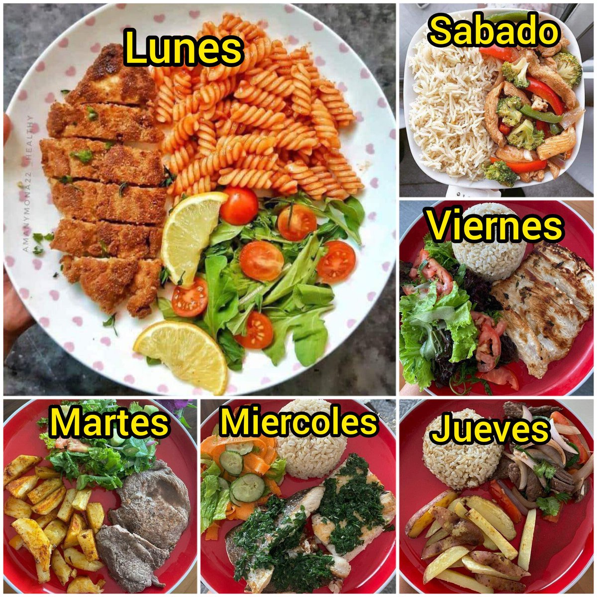 NutriologoGiron's tweet photo. Almuerzos para tu semana

Lunes
-Pollo empanizado en freidora de aire
-Pasta
-Verduras

Martes
-res asada
-papas al horno
-verduras

Miercoles
-pescadoccon espinaca
-arroz 
-verduras

Jueves
-papas
-arroz
-res encebollado

Viernes
-pollo
-arroz
-ensalada

Sabado
-arroz
-pollo con verduras
