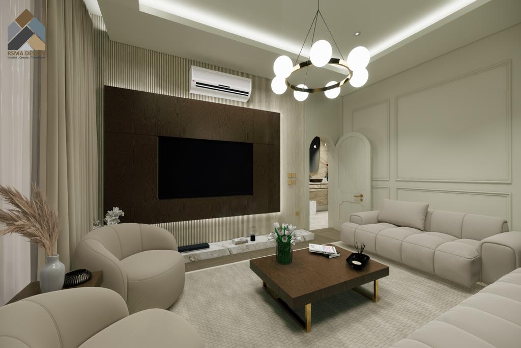 تصميم داخلي مودرن لجلسة عائلية بألوان فاتحة تحتفي بالخشب الداكن فتعطيها لمسة من الأناقة. ✨
#رسمة_ديزاين #جلسة_عائلية
#تصميم_داخلي #تصميم_مودرن 
 #ديكورات_داخلية #ديكور 
#السعودية #أعمال_رسمة