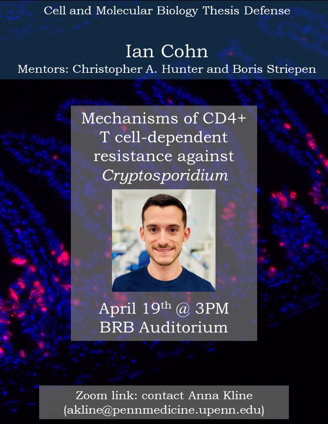 Ian Cohn from the Hunter @KingOfPathogens and Striepen @striepenlab labs defends tomorrow!
