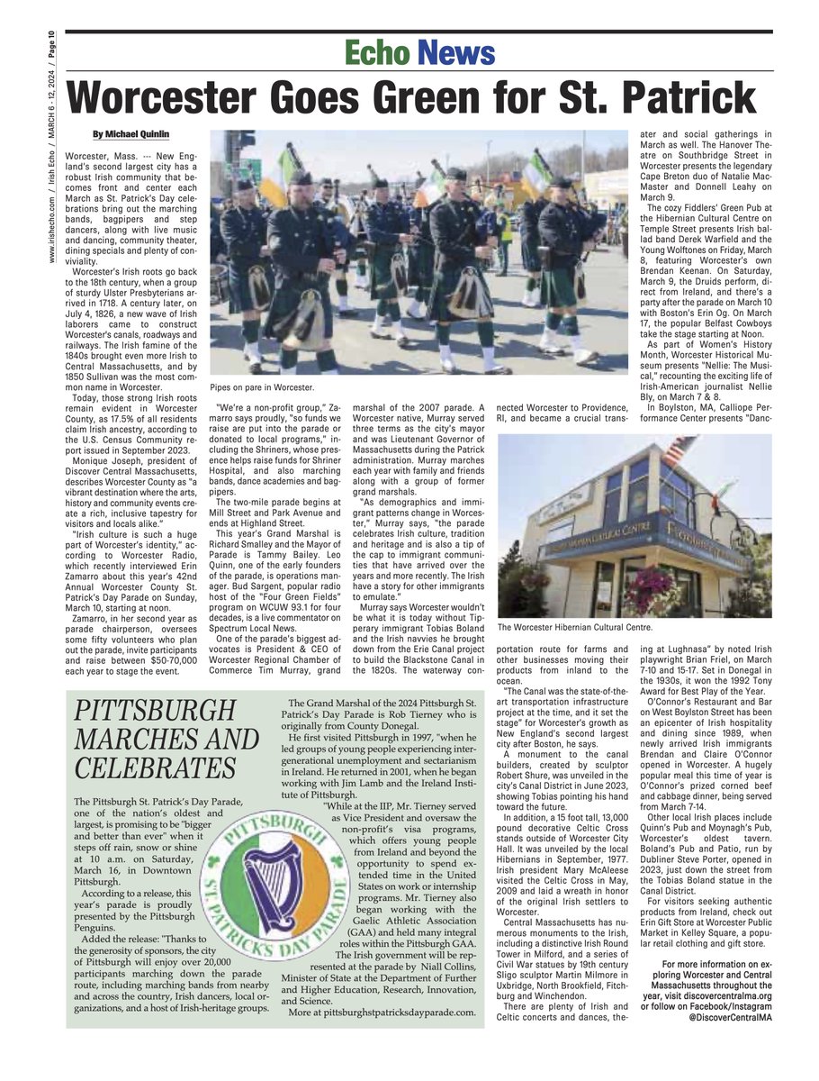 . #WorcesterMA Goes Green for #StPatricksDay, reports the @IrishEcho. Cheer on the parade this Sunday, March 10. @TweetWorcester @WorcesterIrish @TimMurray_MA @SpecNews1Worc @WorcesterRadio @chamberworc @musicworcester @OConnorsRestaur #visitcentralma   irishboston.org/Worcester_Goes…