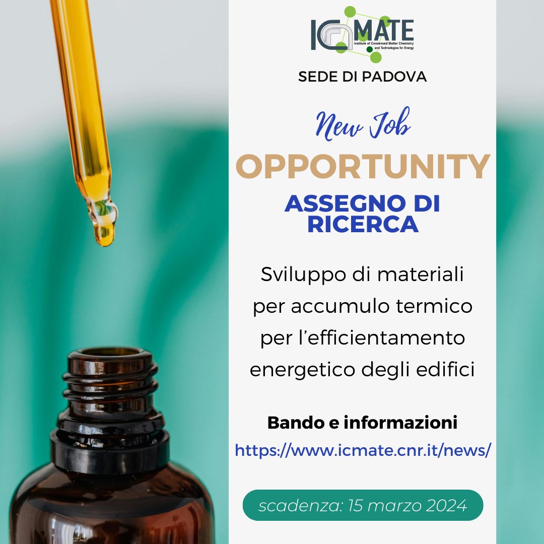 cnr_icmate's tweet photo. 📢Nuova #opportunità di #lavoro presso @cnr_icmate Sede di #Padova!

Assegno professionalizzante di 12 mesi

⏳Scadenza: 15/03/2024

Tema: Sviluppo di #materiali per #accumulo #termico da impiegarsi nell’#efficientamento #energetico degli #edifici

Info nel thread👇

@CNRsocial_ https://t.co/TpZSBob4Rr